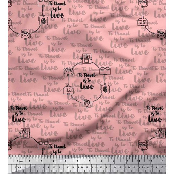 Soimoi Pink Cotton Poplin Fabric To Travel Is To Live Text Print Fabric by Yard 42 Inch Wide