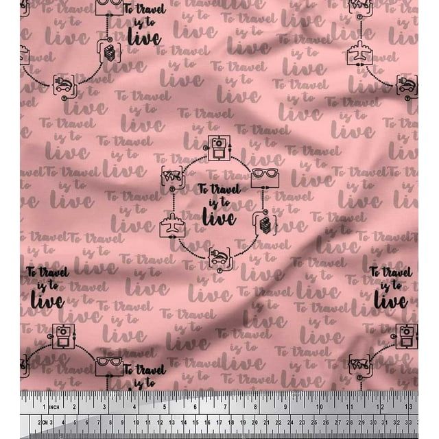Soimoi Pink polyester Crepe Fabric To Travel Is To Live Text Decor Fabric Printed Yard 52 Inch Wide