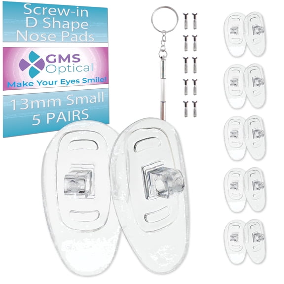 GMS Optical 13mm Small Length / 6mm Wide – D Shape Screw-In Soft Silicone Nose Pads with Screws and Screwdriver for Glasses, Sunglasses, and Eyewear (5 Pair)
