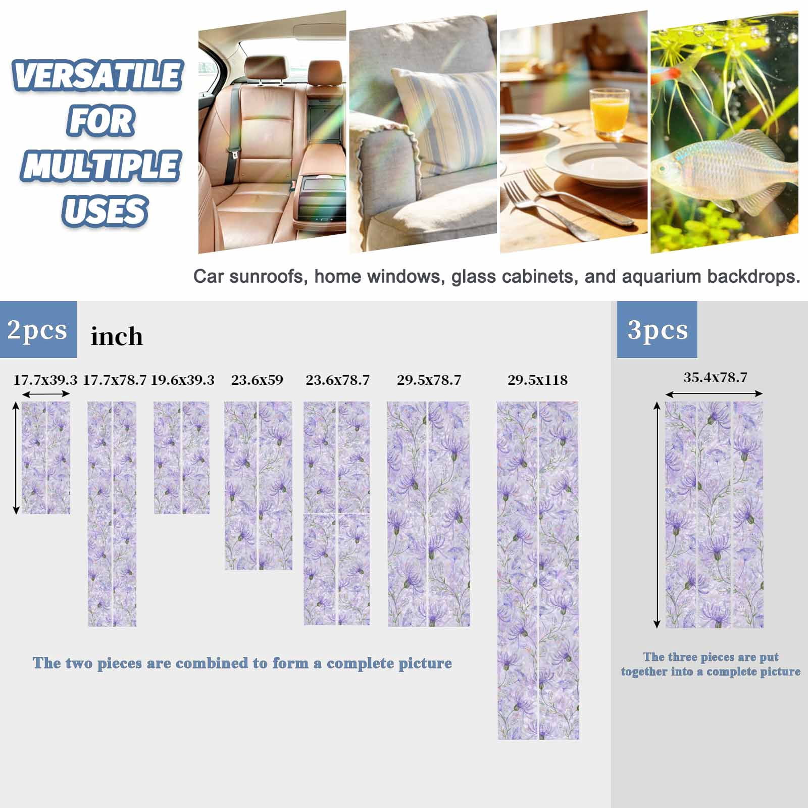 Purple Flowers Window Privacy Film Stain Glass,Reusable Decorative Rainbow Window Film,Botanical Florals Plants Country Aesthetic Static Cling Sun Blocking Stickers Decals Covers 23.6" x 59" (2pcs)