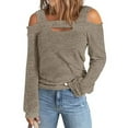 thumbnail image 2 of Lovskoo Long Sleeve Shirts for Women Cusal Round Neck Cold Shoulder Lightweight Sweatshirts Solid Color Pullover Tops Khaki, 2 of 6