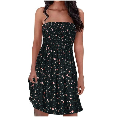 

Mini Dresses Women Sexy Strapless Bandeau Dress Bohemian Floral Skirts Elastic Sleeveless Beach Casual Sundress