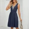 thumbnail image 4 of YYDGH Women's Sleeveless Solid Dress Casual Crochet Lace Trim V Neck Mini Dress Elastic Waist Pleated Dresses with Pockets Navy M, 4 of 8