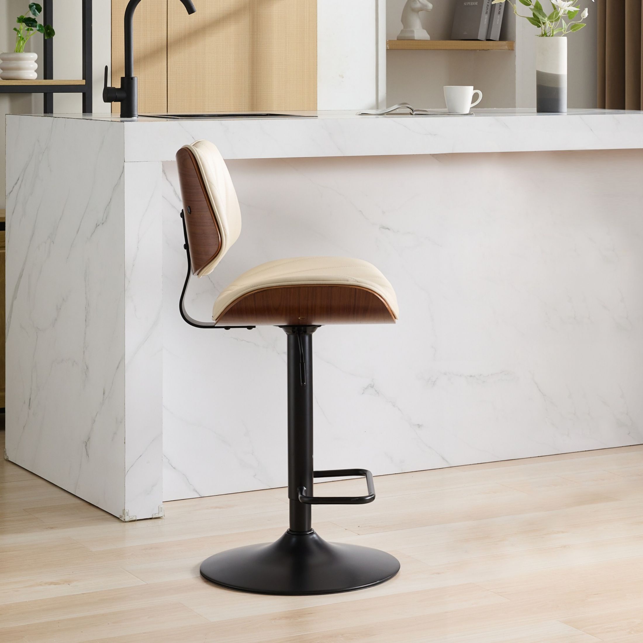 PORKISS Bar Stool, Walnut Bentwood Swivel Barstool with Leather Back and Seat, Adjustable Counter Island Chair with Footrest, Modern Upholstered Bar Chirs for Kitchen Island, Dining Room, Beige
