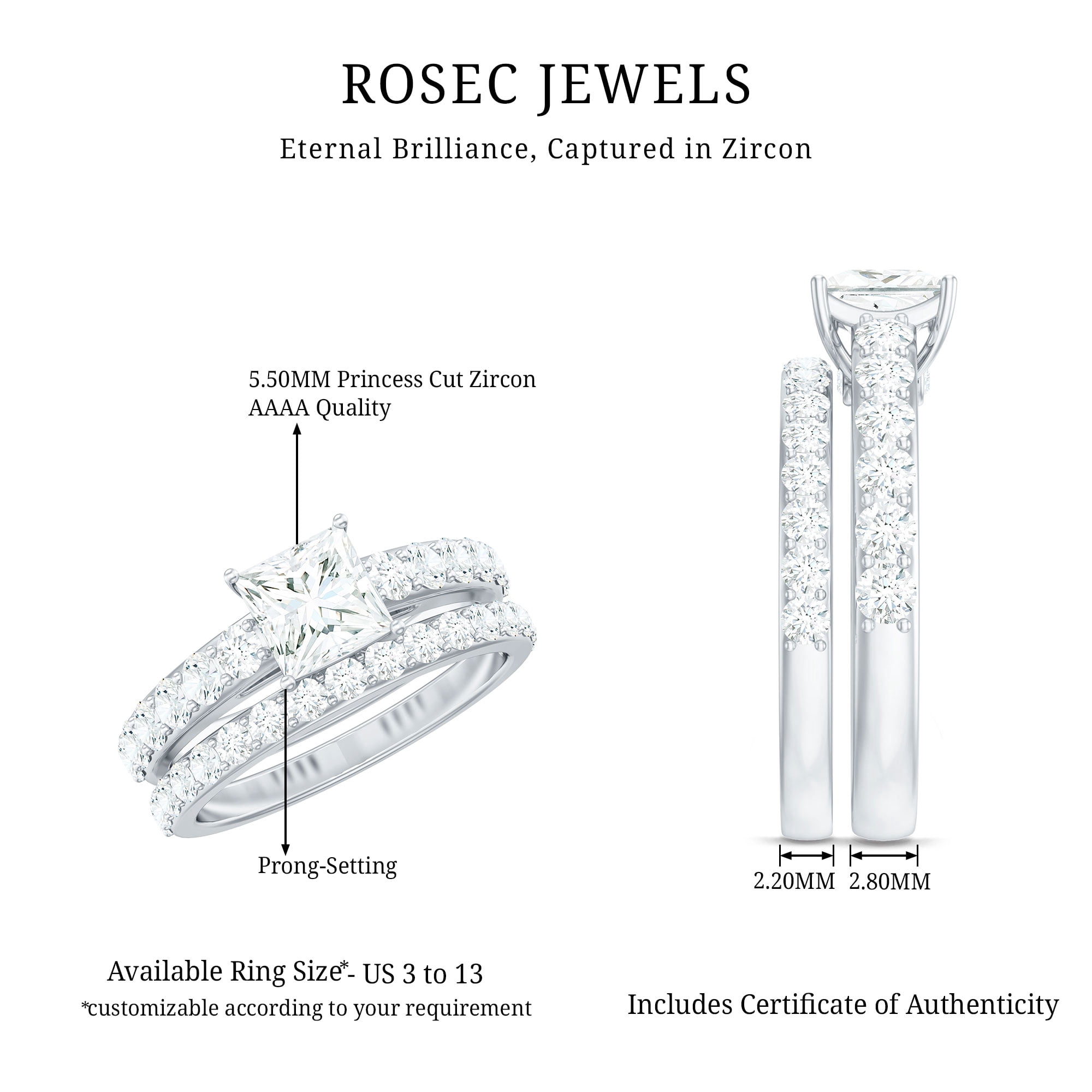 Rosec Jewels Cubic Zirconia Wedding Ring Set for Bride - 1 Carat Princess Cut Engagement Ring with Enhancer - Jewelry Box Included, 10K White Gold, US 13.00