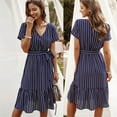 thumbnail image 1 of WILLBEST Robe Femme à Rayures Longueur Genou Robe Aguichant Manches Courtes Col en V, 1 of 6