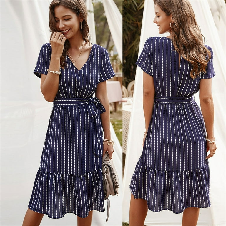 YTIANH Going Out Dresses Women Stripe Print Knee Length Dress Sexy Dress Short Sleeve V Neck Dress Navy S