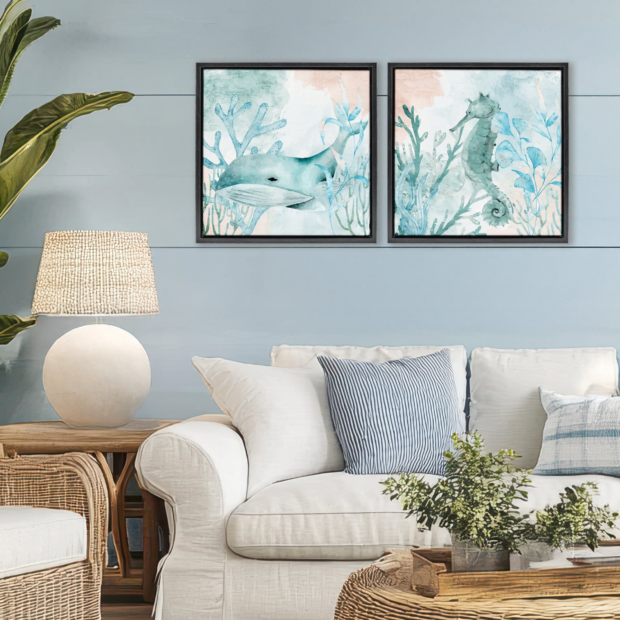 Stupell Industries Whale & Seahorse Sea Swim 2 Piece Black Framed Floater Canvas Set, design by Kim Allen