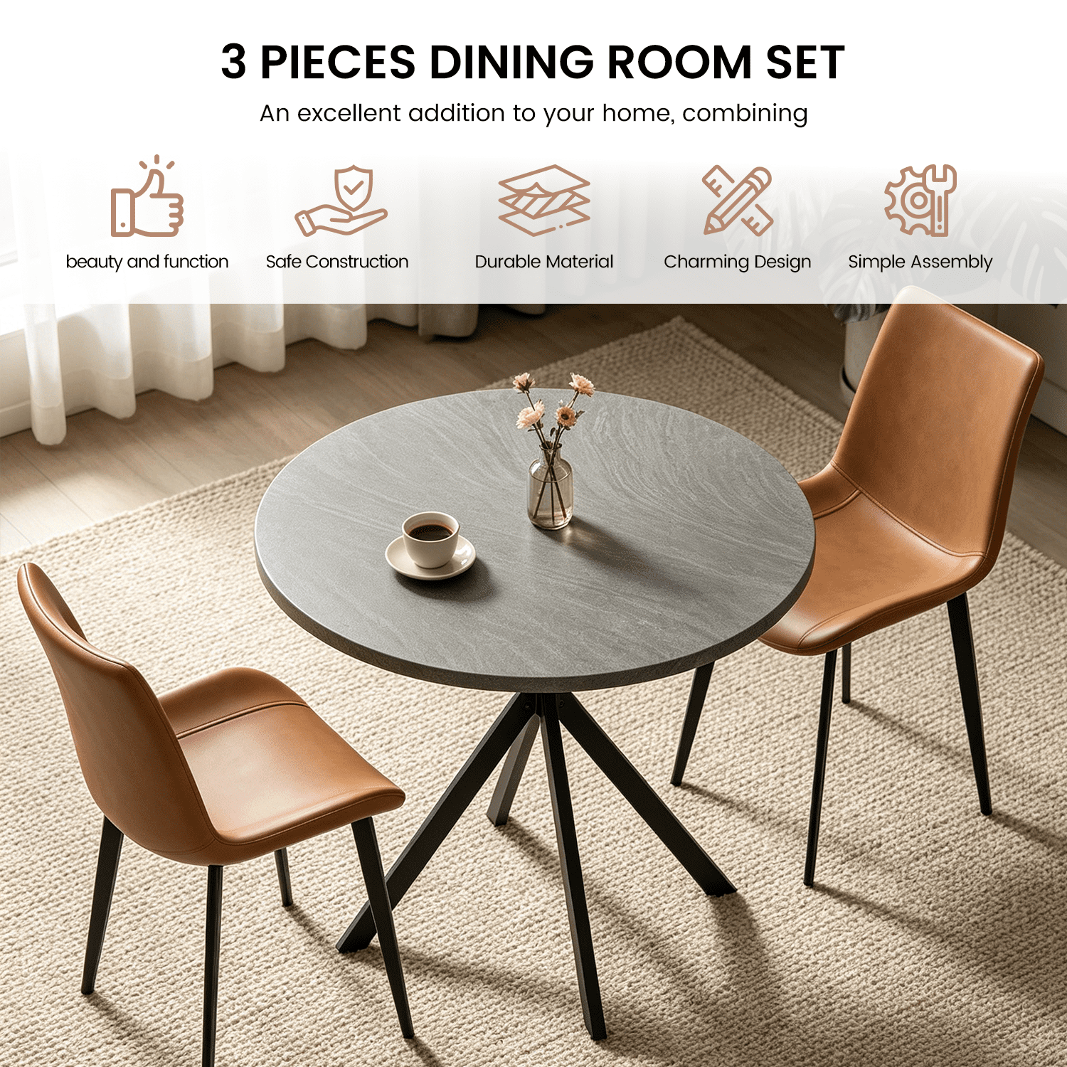 31.7" Round Dining Table Set for 2,3-Piece Modern Round Dining Set,Small Dinette Sets for Living Room, Dining Room, Kitchen