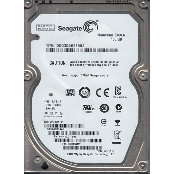 ST9160314AS, 6VC, SU, PN 9HH13C-500, FW 0001SDM1, Seagate 160GB SATA 2.5 Hard Drive