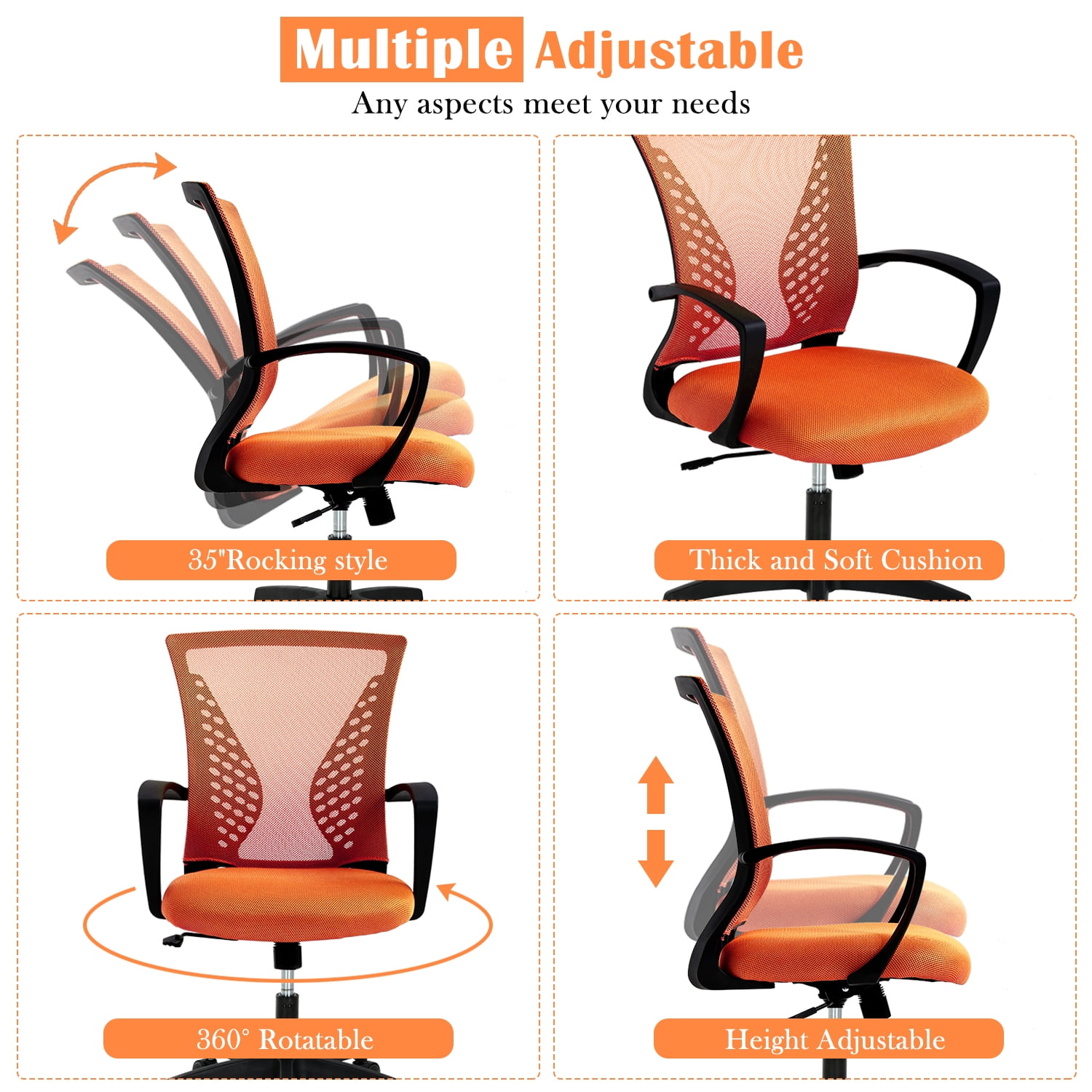 Mesh Office Chair Ergonomic Desk Chair w/Comfortable Seat Lumbar Support, Adjustable Mid Back Rolling Task Computer Chairs for Adults, Orange
