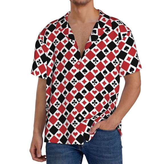 Logiee Playing Cards Print Men's Button Down Shirts Short Sleeve, Summer Beach Shirts,Vacation Wedding Shirts,Men's Casual Button-Down Shirts with Pocket-Small