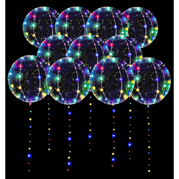 LED Balloons 10 Pack, Light Up Balloons 20 Inches Clear Helium Bobo Balloons,  Glow Bubble Balloons with String Lights for Valentines Day Colorful 