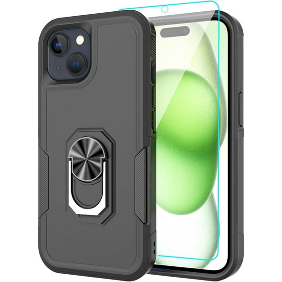 Compatible for Apple iPhone 15 Case with Tempered Glass Screen Protector,Heavy-Duty Tough Rugged Phone Case Cover with Ring Holder Kickstand for Apple iPhone 15 (6.1", 2023) [Black]