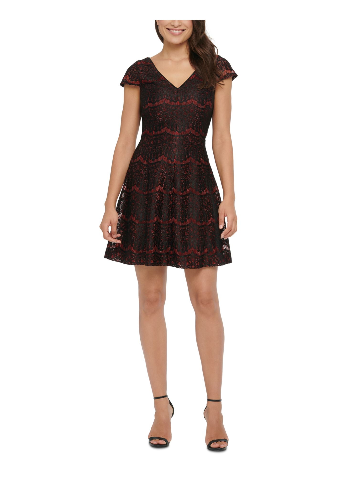 Kensie KENSIE Womens Black Embroidered Floral Cap Sleeve V Neck Short