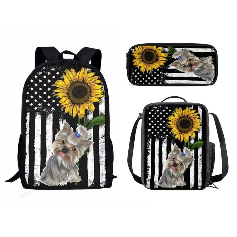 FKELYI Sunflower Yorkshire Backpack Lightweight American Flag Print School Bag  Storage with Pencil Holder+Insulated Meal-Case,3 in 1 