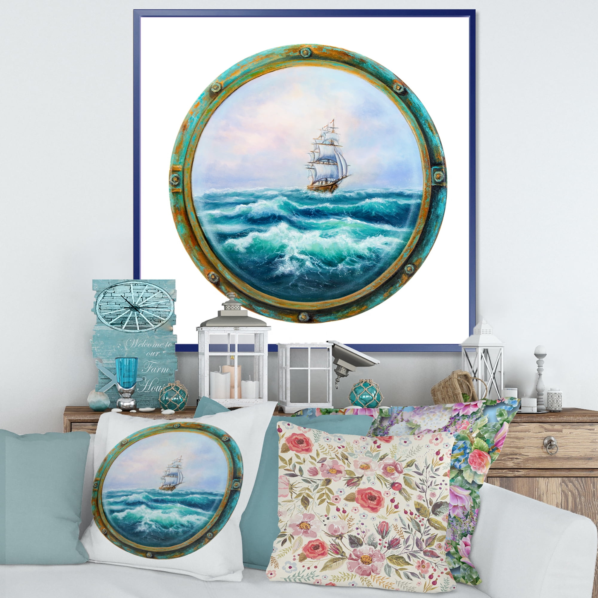 Designart 'Ship In Stormy Ocean Through Cabin Window' Nautical & Coastal Framed Canvas Wall Art Print