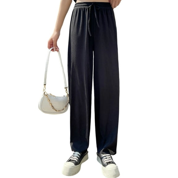 Womens Waffle Knit Lounge Wide Leg Pants High Elastic Waist Flowy Sweater Pants with Drawstring Black XXXL