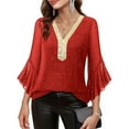 thumbnail image 6 of Aobny Womens Shirts Casual Sequin Ruffle Sleeve Clothing V-Neck Red Pullover 3/4 Sleeve Sexy Tops,M, 6 of 9