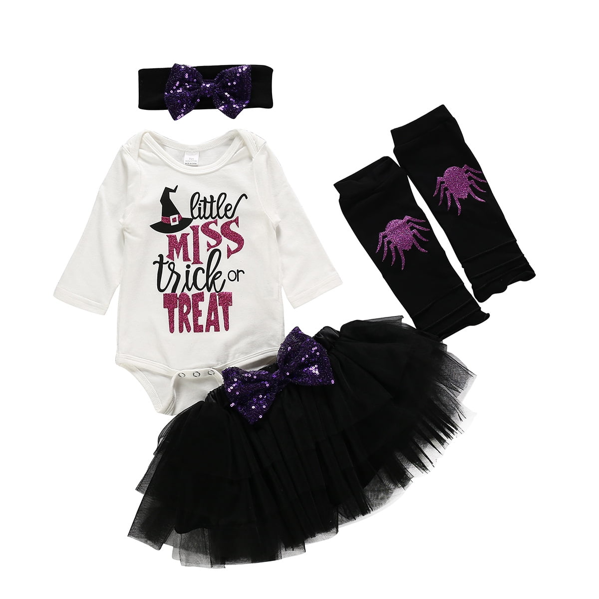 4pcs Baby Girls Tutu Romper Set with Headband Leg Warmers Shoes Halloween Pumpkin Costume Black 0-3 Months