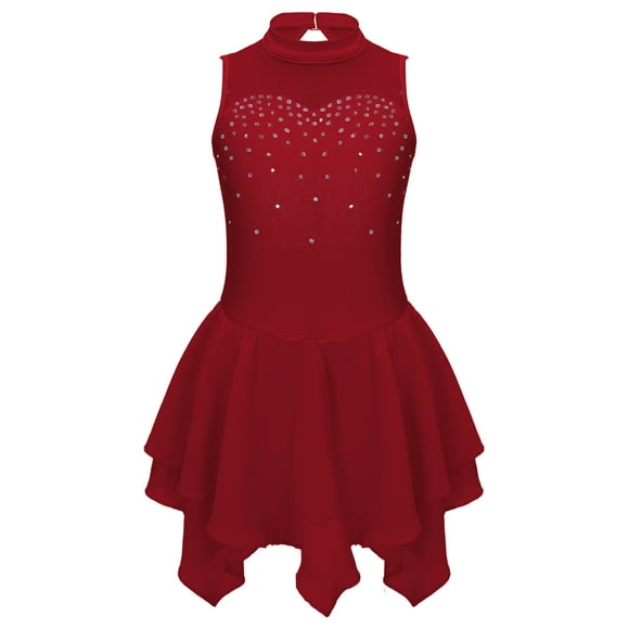 iiniim Shiny Rhinestone Figure Ice Skating Dress for Girls Sleeveless Ballet Dance Leotards Tutu Skirt Burgundy 8
