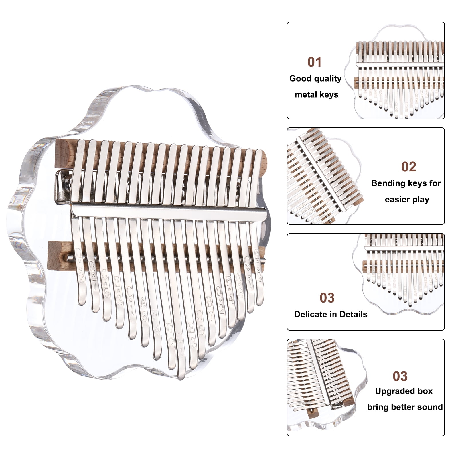 17 Keys Thumb Piano,Transparent Cherry Blossom Portable Finger Piano with Carry Box Musical Note Stickers Tuning Hammer