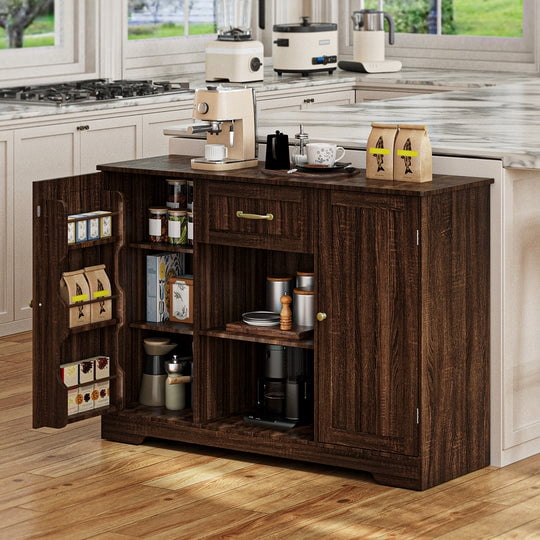 Coffee Bar, Aiho 45" Kitchen Storage Cabinet, Sideboard Buffet Cabinet with 14 Shelves, 1 Drawer - Brown