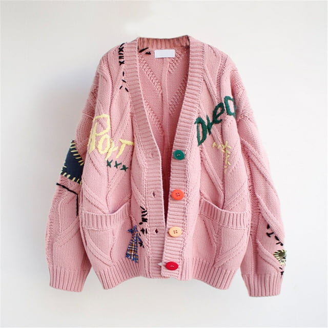 Pitauce Womens Oversized Cardigan Sweater Button Down Long Sleeve Cable Knit Embroidery Sweaters Outwear with Pockets, Free Size