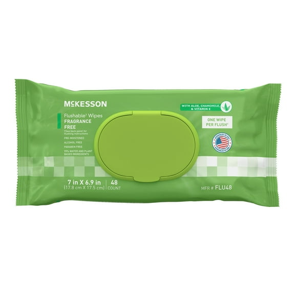 McKesson Flushable* Wet Wipes - Aloe & Vitamin E Formula, Gentle on Skin, Plant-Based Adult Cleansing Wipes - Unscented, 48 Wipes, 1 Pack