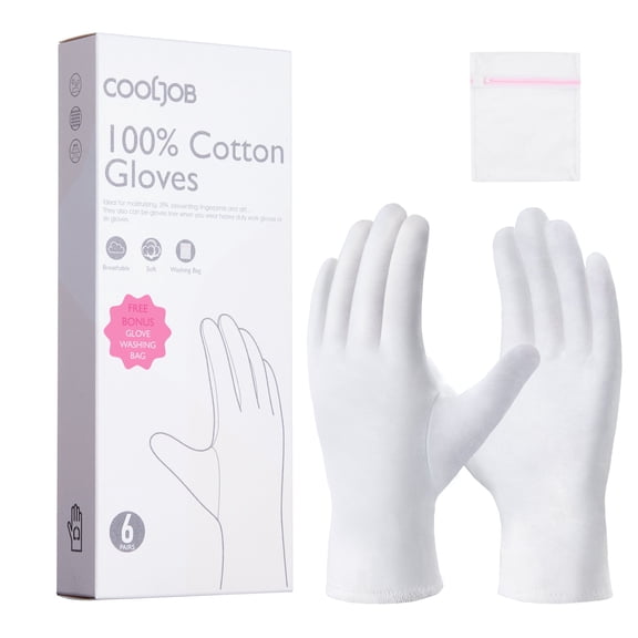 COOLJOB 6 Pairs White Moisturizing Cotton Gloves for Dry Hands & Eczema, Overnight Lotion, Sleep Spa Treatment for Women & Men, Breathable Work Glove Liners, Large Size