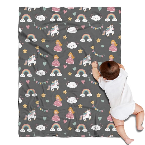 Dark Gray Princess Unicorn Cloud Pattern Blanket,Comfortable Soft Flannel Throw Blanket,All Season,Warm Lightweight Blankets for Sofa Bed Couch Living Room Chair,30"x40"