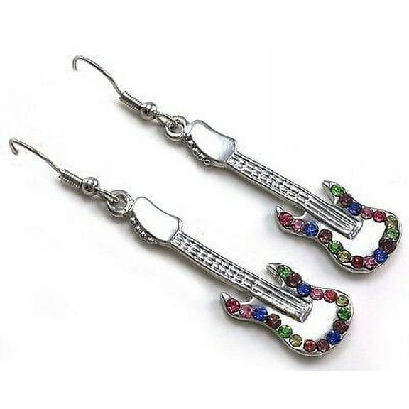 Multicolor Electric Guitar Dangle Earrings Silver Tone Music Instrument Jewelry