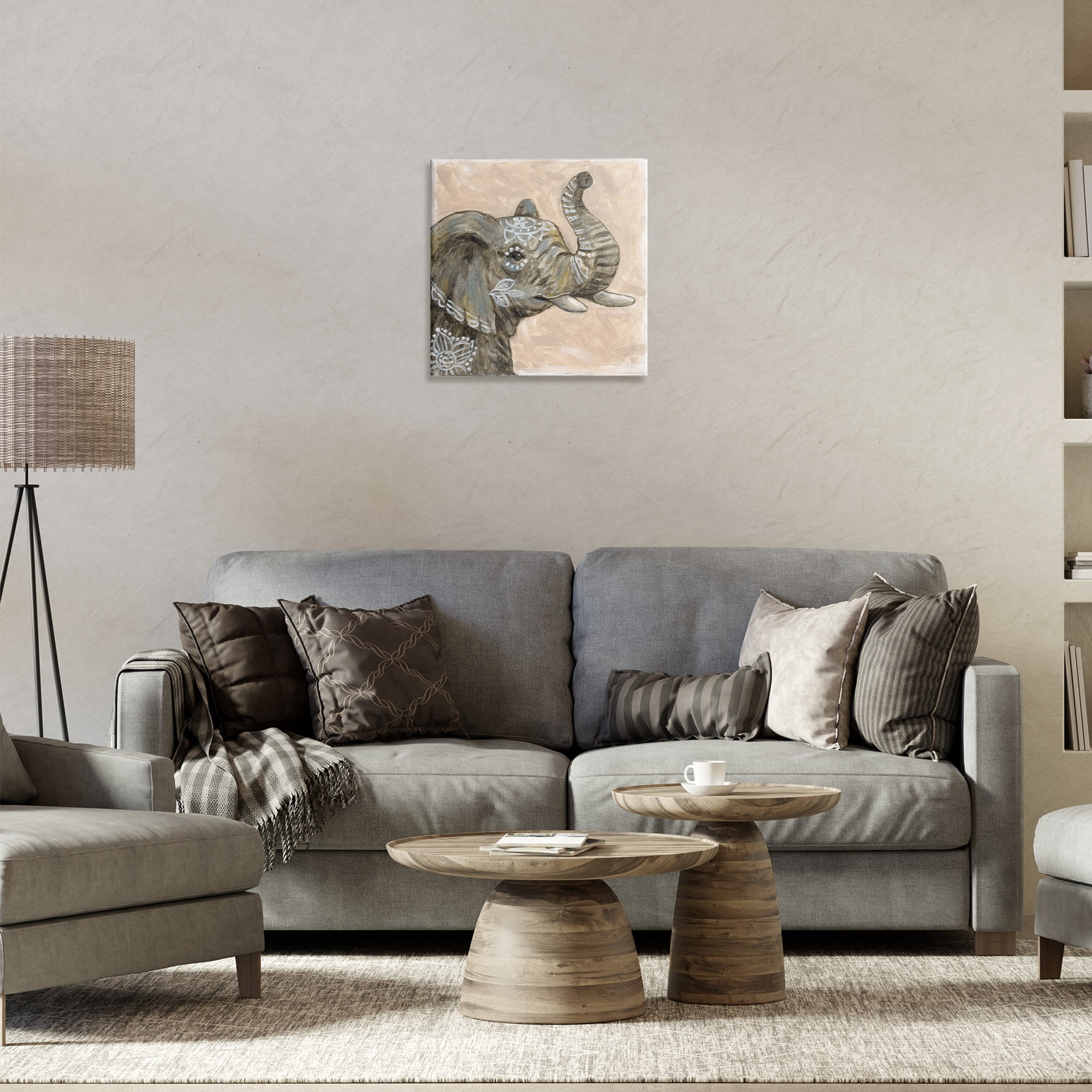 Stupell Industries Boho Patterned Elephant Animals Painting Wrapped Canvas Art Print Wall Art, 17 x 17