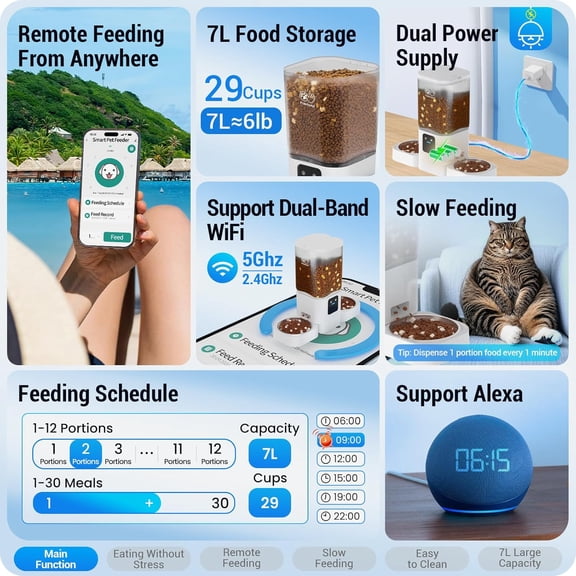 Automatic Cat Feeder for 2 Cats with Slow Feed, Dual WiFi Pet Food Dispenser App Control, 29 Cup Large Capacity Stainless Steel Bowls