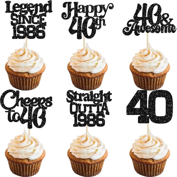12Pcs Black Glitter 40th Birthday Cupcake Toppers, Legend Since 1986, Cheers to 40 Picks for 40th Birthday Party Cake Decorations