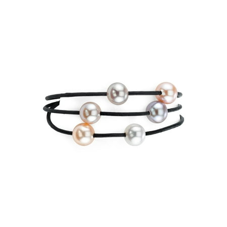 Triple Strand Leather - 8mm Freshwater Multicolor Cultured Pearl Triple Strand Leather Bracelet
