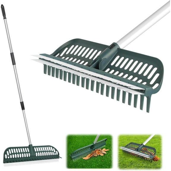 Garden Leaf Rake 2 in 1 Turf Rake for Artificial Grass and Lawn with Telescopic Steel Handle, 49" to 63" Long