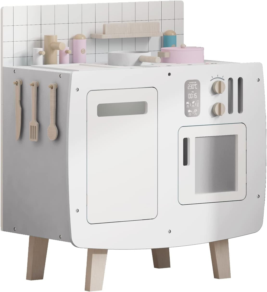 Wooden Play Kitchen - Realistic Play Set with Stovetop + Oven + Sink + –  Cozy Hub