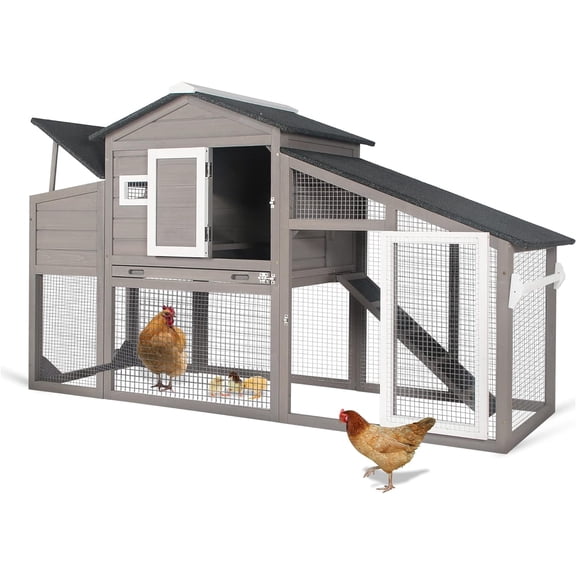 PETSCOSSET Wooden Chicken Coop for 2-3 Chickens, Chicken Tractor with Nesting Box, Pull-Out Tray, Asphalt Roof, Gray