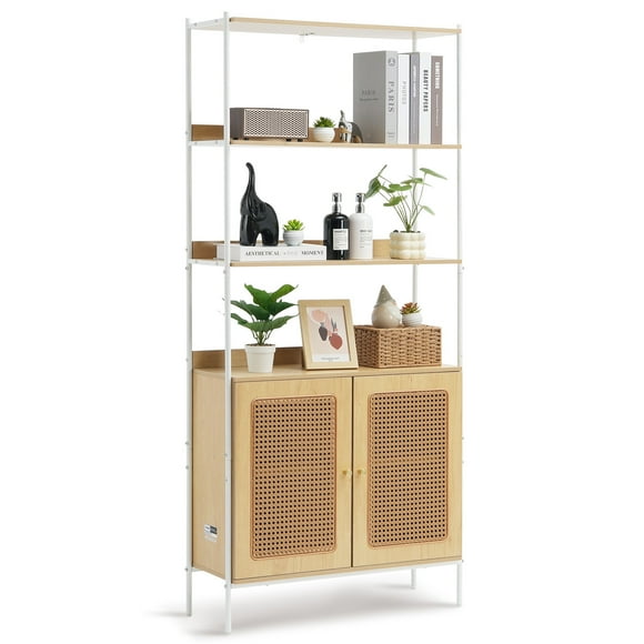 VEVOR Rattan Bookshelf Ladder Shelf with 2 Doors Rectangle Storage Rack Natural