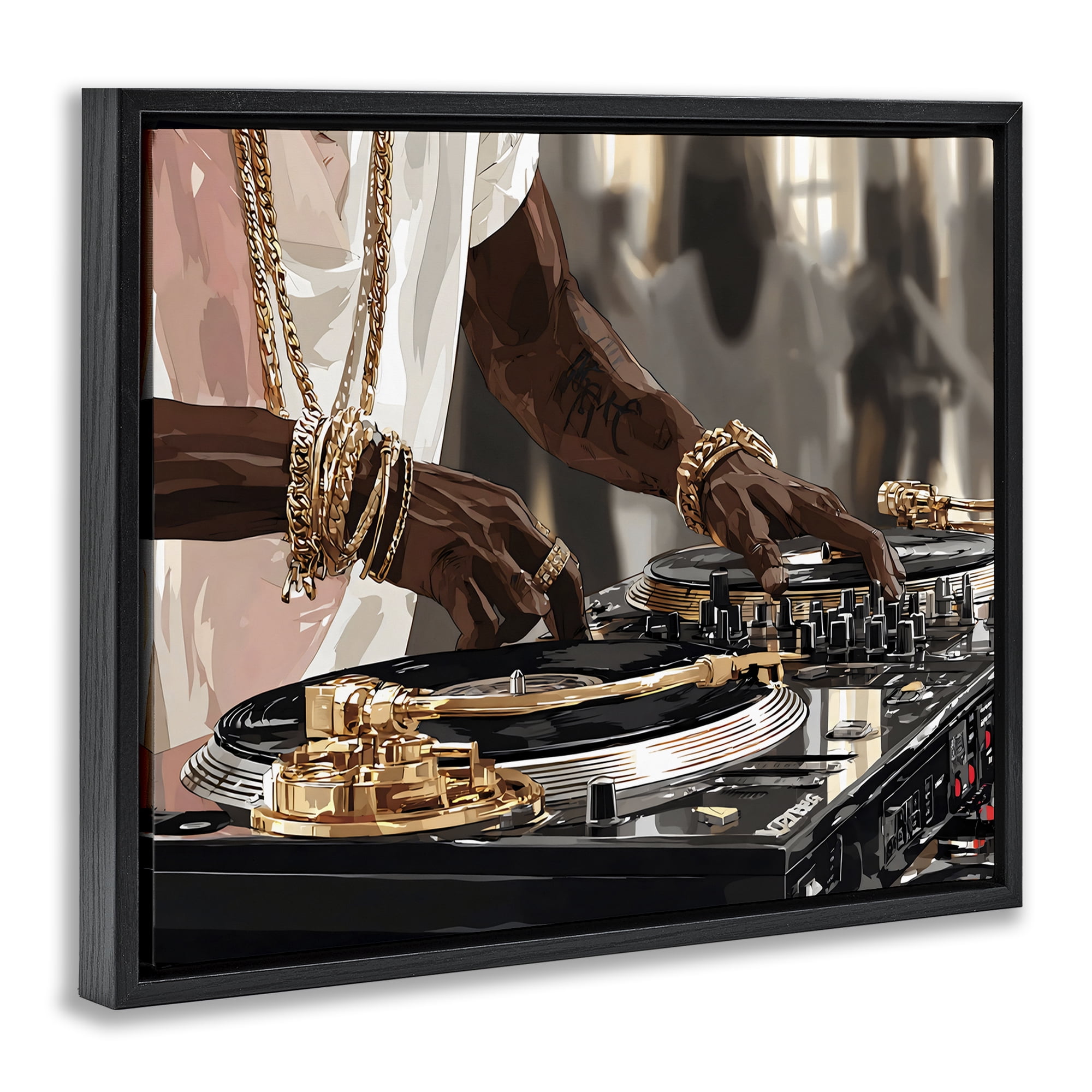 Stupell Industries Golden Sound DJ Turntables Black Framed Floater Canvas Wall Art, design by Franklyn Gregory