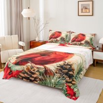 Manfei Xmas Cardinal Bird Queen Sheet Sets,Red Berry Grids Flat Sheet,Country Pine Cone Queen Fitted Sheet For Girl Teens,Breathable Home Decor,4pcs