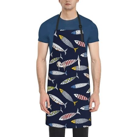 

Qekee Sardine Print Waterproof Apron with Pockets Adjustable Cooking Aprons Kitchen Bib for Baking Household Cleaning
