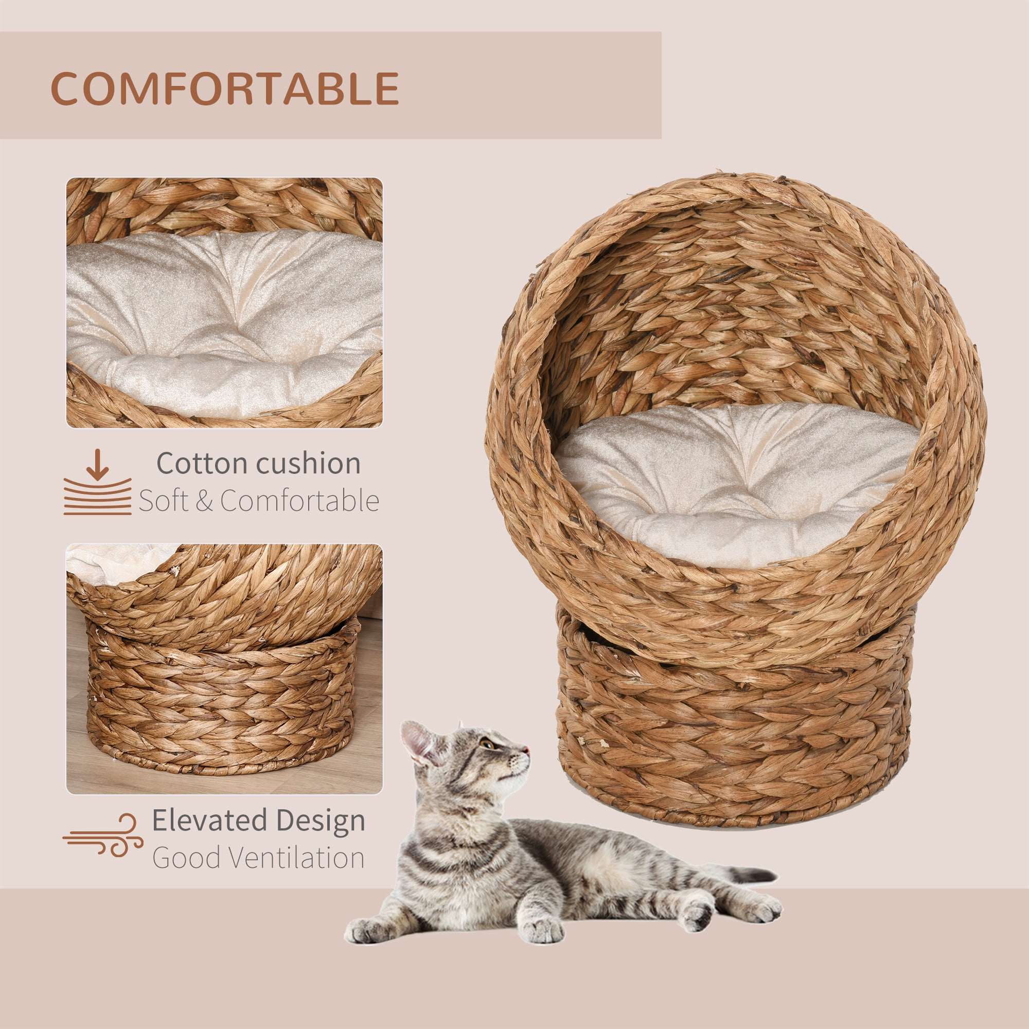 Handwoven Elevated Cat Bed with Soft Cushion & Cat Egg Chair Shape, Cat Basket Bed Kitty House with Stand, Raised Wicker Cat Bed for Indoor Cats, 23.5" H, Brown