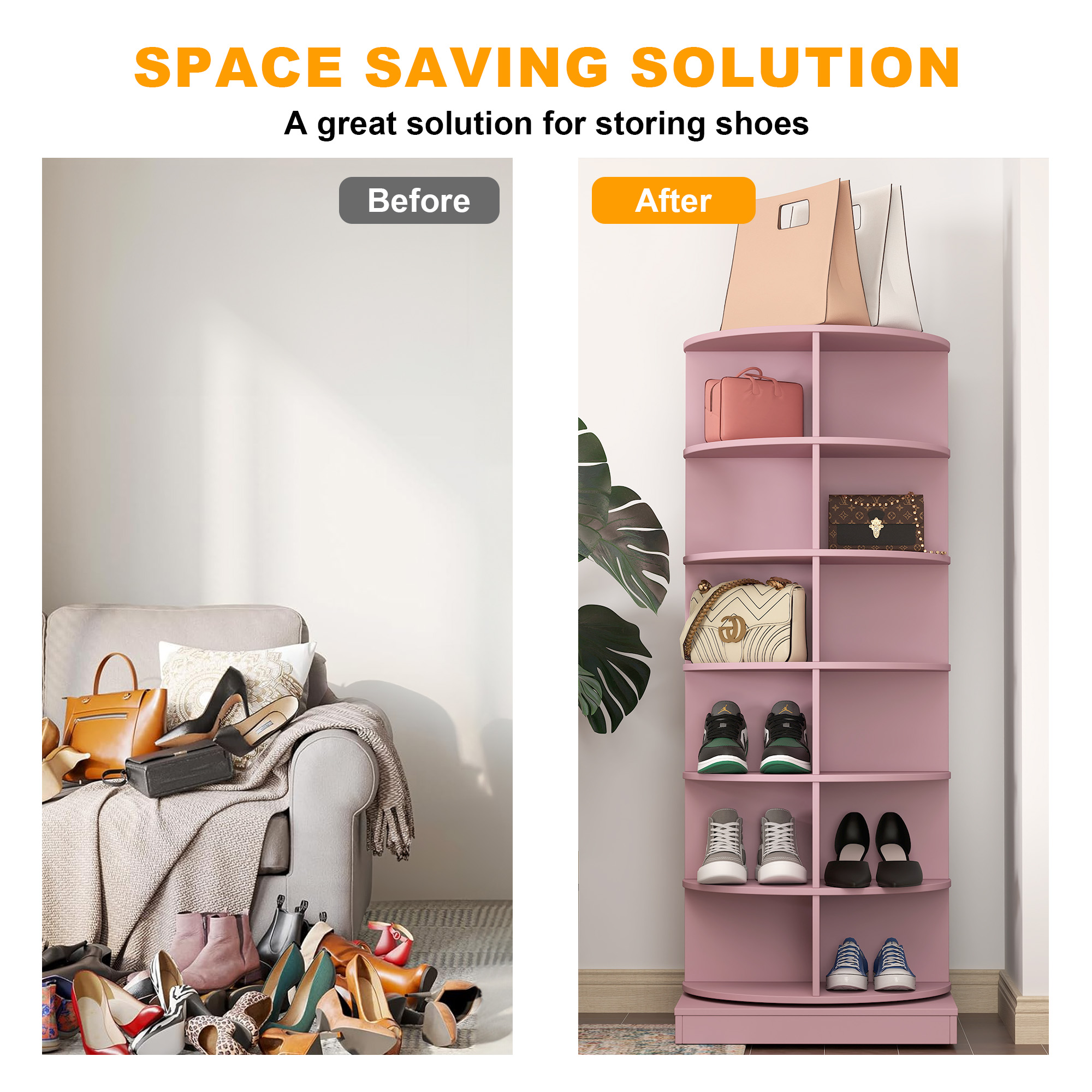 Aukfa 6-Tier Rotating Shoe Rack Storage, 360° Spinning Shoe Organizer Closet, Pink