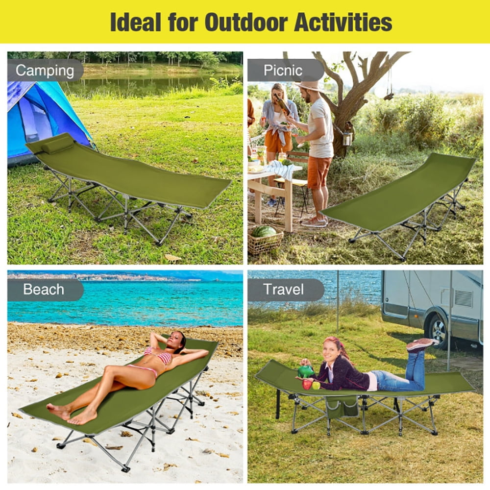 Aimee Lii Folding Camping Cot with Side Storage Pocket Detachable Headrest, Folding Sleeping Cot for Camping, Green