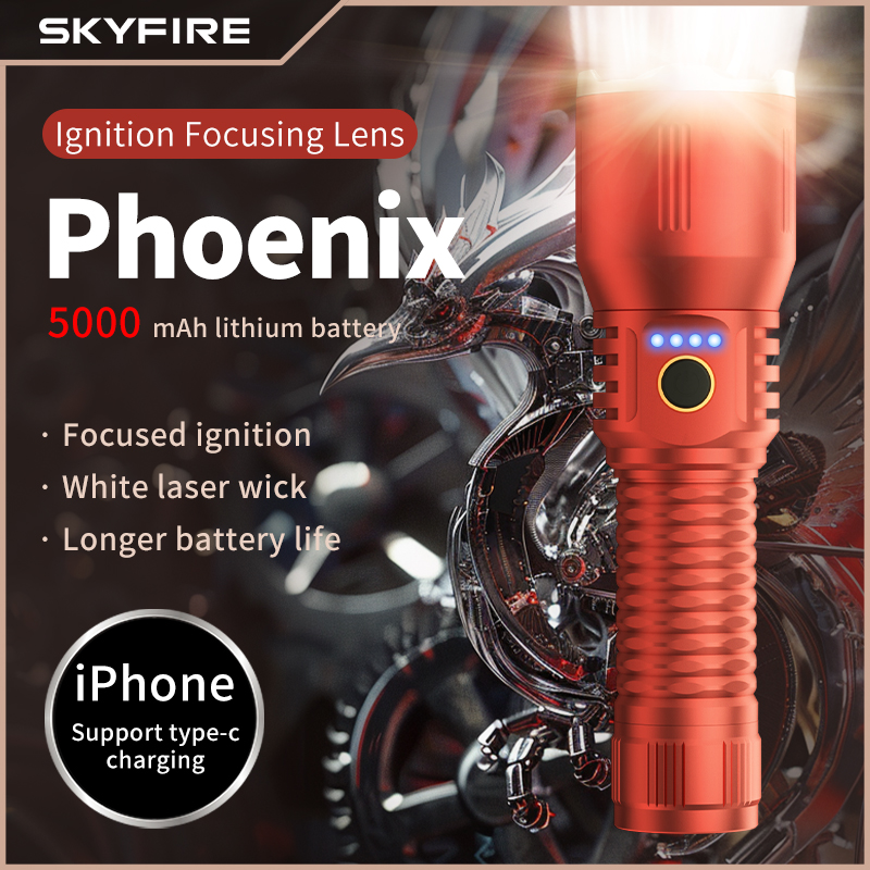 Skyfire High-Lumen, Ultra-Bright Rechargeable LED Flashlight with Zoom, Reverse Charging, Three Modes