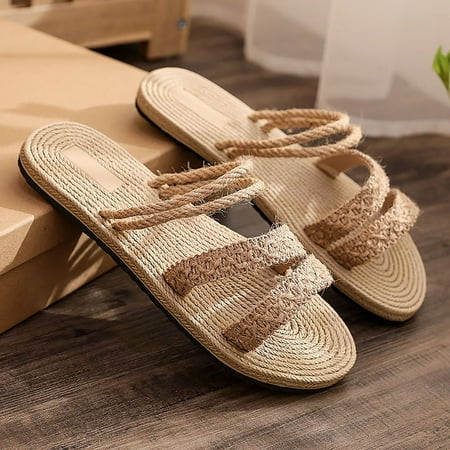 

uikmnh Slippers for Women Slippers For Women Girls Flat Casual Sandals Straw Linen Bottom Slippers Beach Shoes Beige 8.5