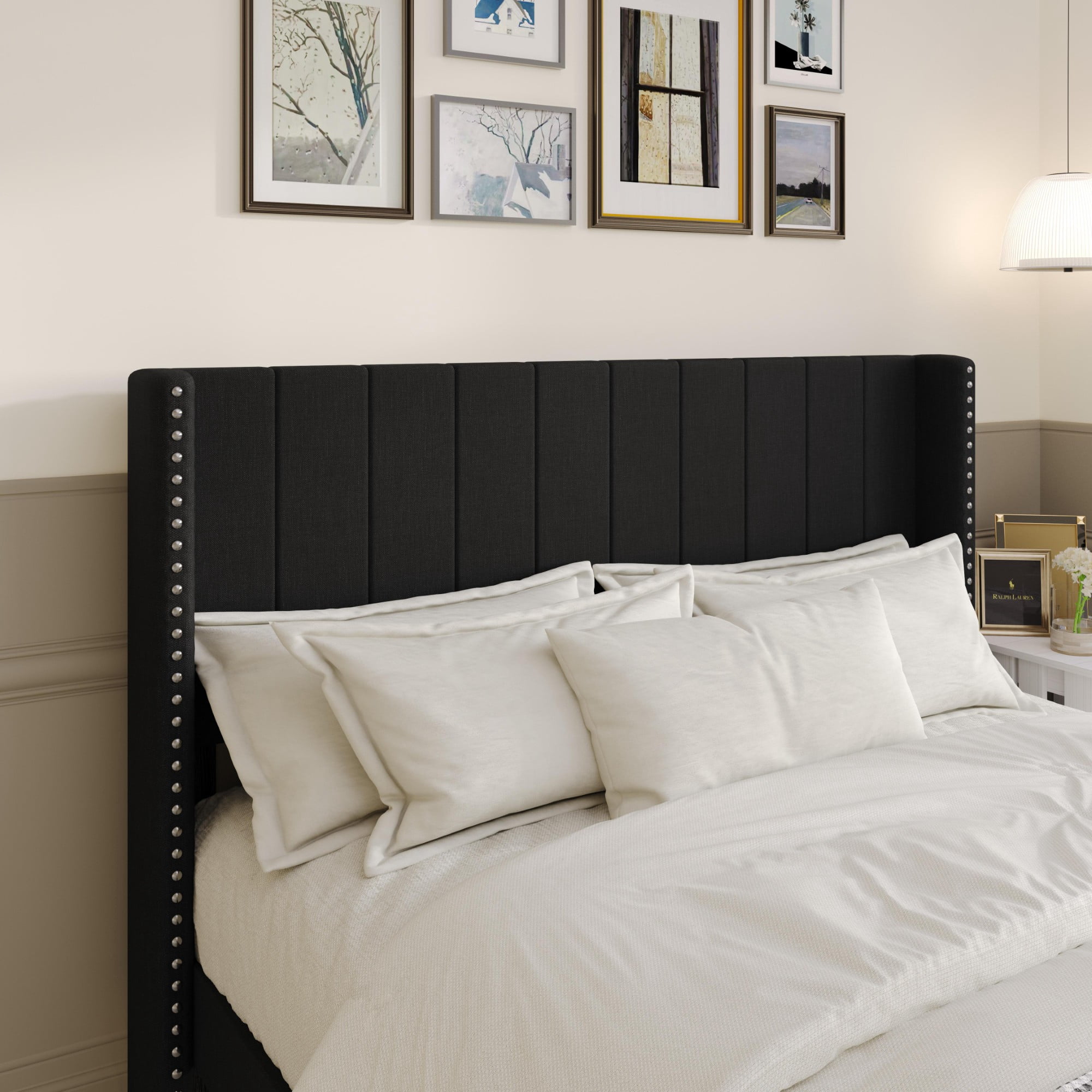 Home Design Ipswich TwinUpholstered Wingback Headboard with Nailhead Trim, Modern Vertical Channel Tufting, Black, Easy Assembly
