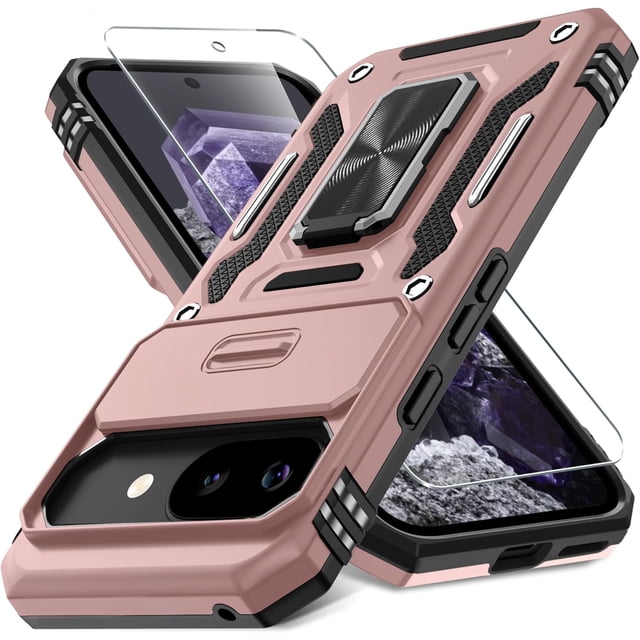 MYKOMI Case for Google Pixel 9A with Slide Camera Cover+Screen Protector (1 Pack), Rotated Ring Kickstand Military Grade Shockproof Protective Cover